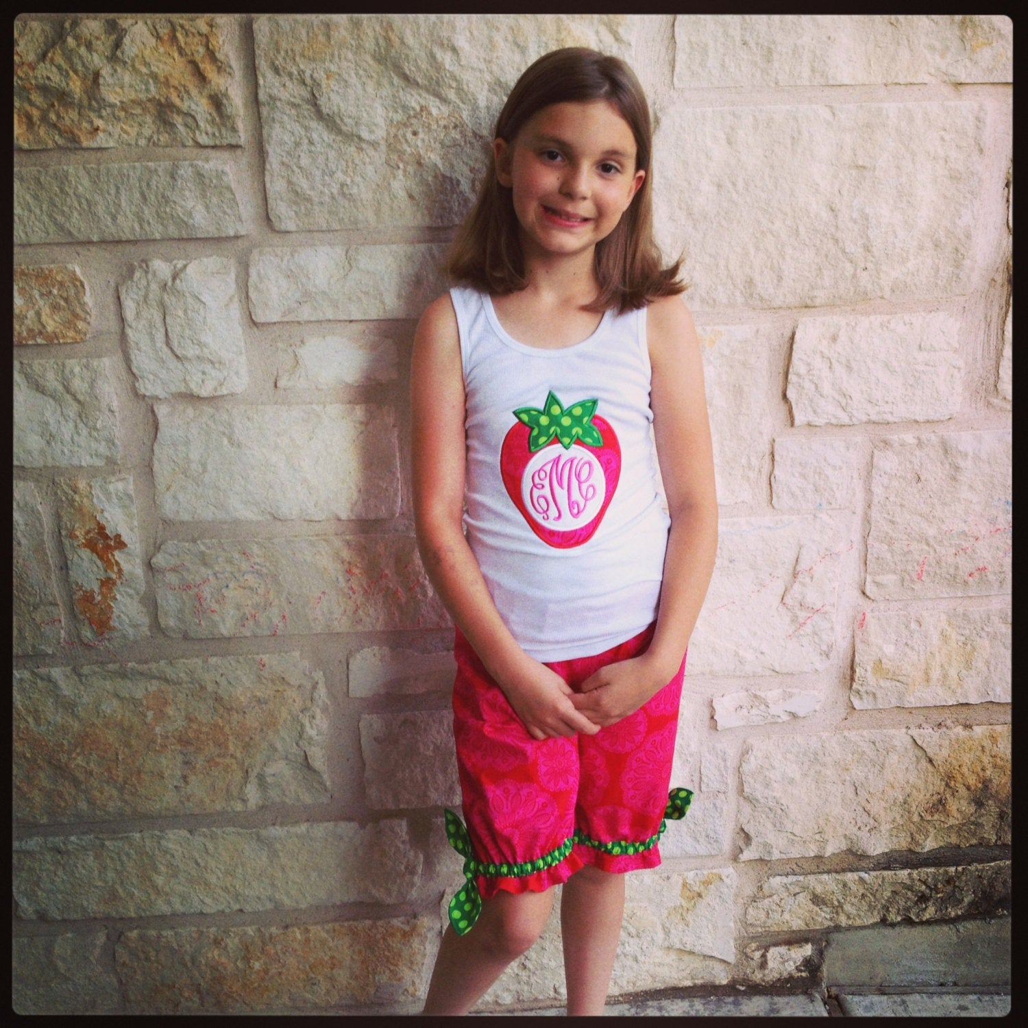 Girl's Strawberry Monogram Applique Tshirt