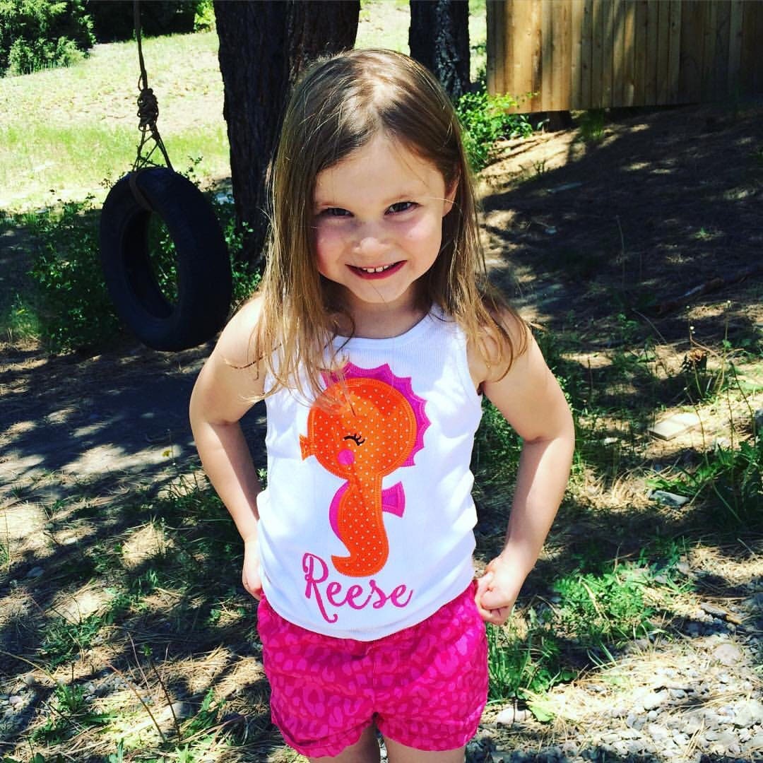 Personalized Seahorse Applique Tank or Tshirt, seahorse tshirt, girl's summer seahorse tank top