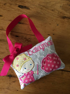 Girl's Tooth Fairy Pillow in Hot Pink and Gray, door or bedpost hanger, ToothFairy Pillow, Tooth Pillow