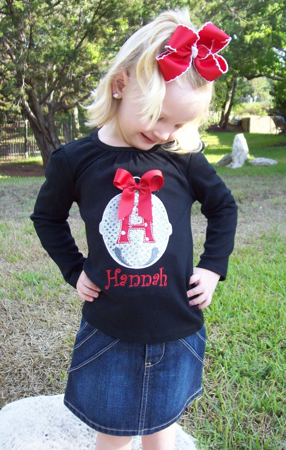 Girl's Jingle Bell Personalized Initial Appliqued Tee, Jingle Bell Tshirt, Christmas Bell Tshirt, Polar Express Christmas Tshirt