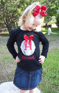 Girl's Jingle Bell Personalized Initial Appliqued Tee, Jingle Bell Tshirt, Christmas Bell Tshirt, Polar Express Christmas Tshirt