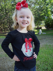 Girl's Jingle Bell Personalized Initial Appliqued Tee, Jingle Bell Tshirt, Christmas Bell Tshirt, Polar Express Christmas Tshirt