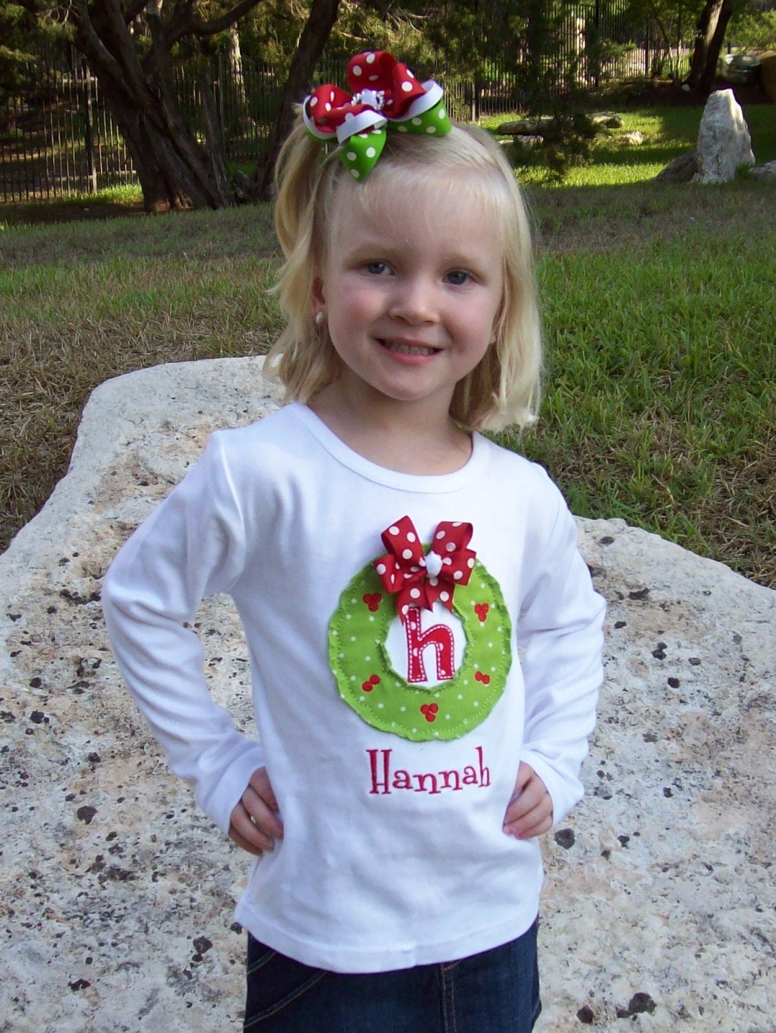 Girl's Shabby Christmas Wreath Initial Appliqued Tee, Girls Christmas Tshirt, Girls Christmas Wreath Tshirt, Raggy Wreath Tshirt