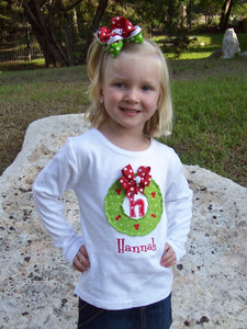 Girl's Shabby Christmas Wreath Initial Appliqued Tee, Girls Christmas Tshirt, Girls Christmas Wreath Tshirt, Raggy Wreath Tshirt