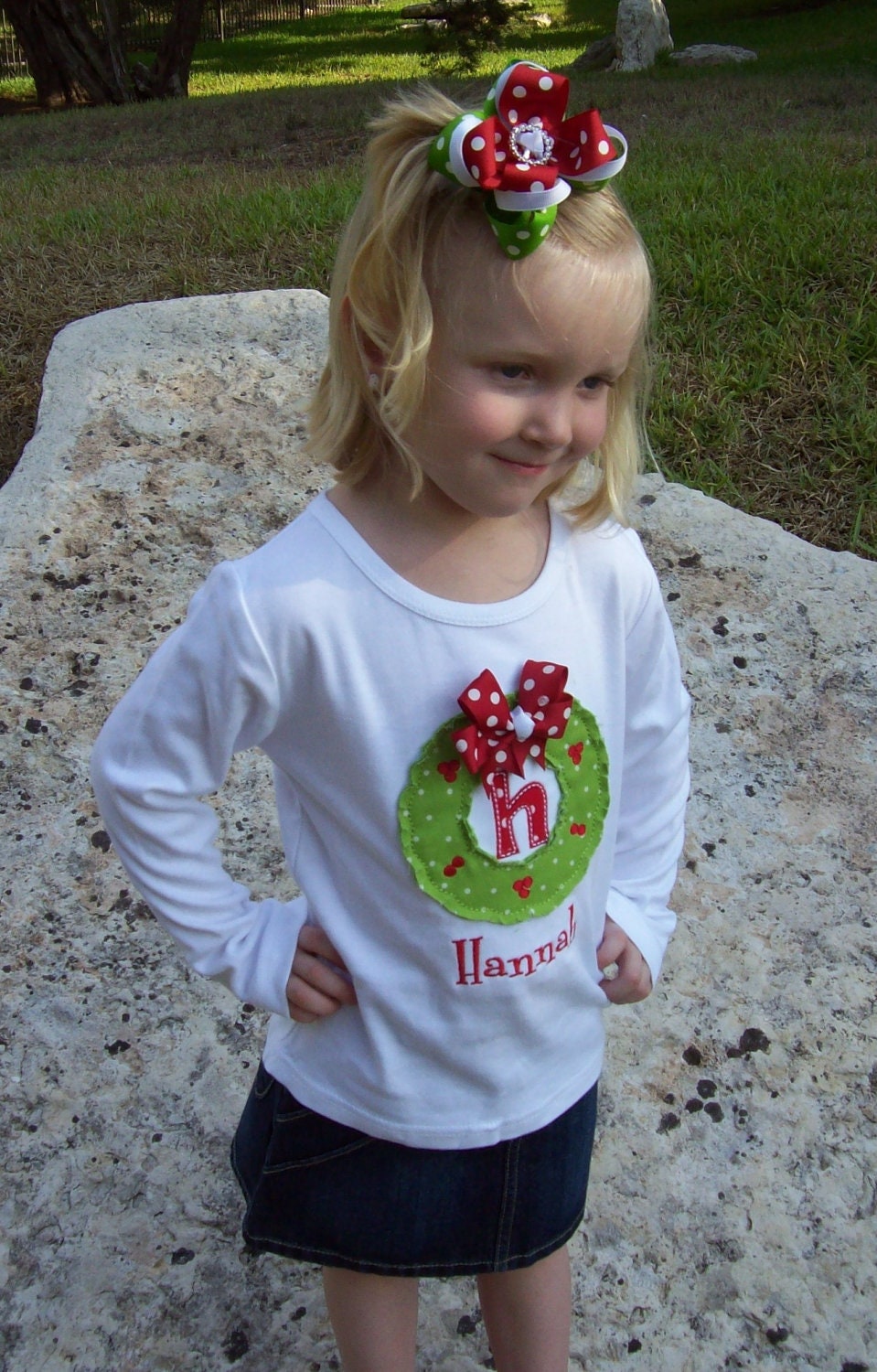Girl's Shabby Christmas Wreath Initial Appliqued Tee, Girls Christmas Tshirt, Girls Christmas Wreath Tshirt, Raggy Wreath Tshirt
