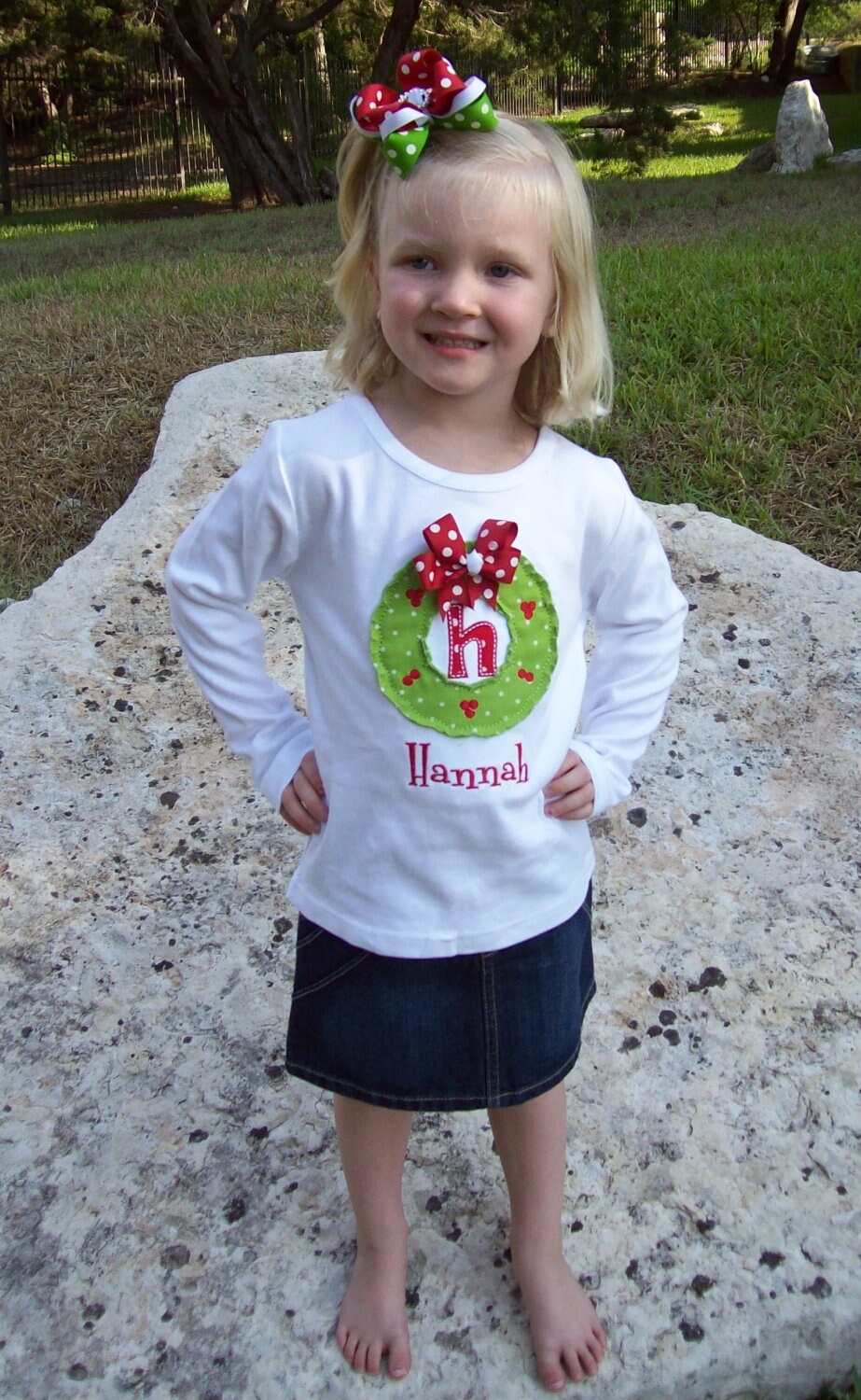 Girl's Shabby Christmas Wreath Initial Appliqued Tee, Girls Christmas Tshirt, Girls Christmas Wreath Tshirt, Raggy Wreath Tshirt