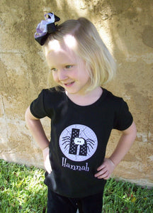 Girl's Spiderbet Personalized Halloween Initial Appliqued Tee