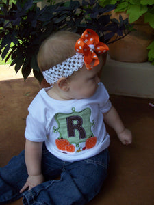 Girl's Pumpkin Frame Personalized Halloween or Thanksgiving Initial Appliqued Tee, Girls Pumpkin Tshirt, Girls Fall Pumpkin Tee