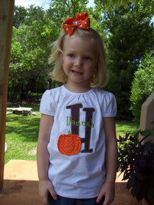 Girl's Fall Shabby Pumpkin Halloween or Thanksgiving Personalized Initial Appliqued Tee, Shabby Pumpkin Tshirt, Girls Pumpkin Tshirt