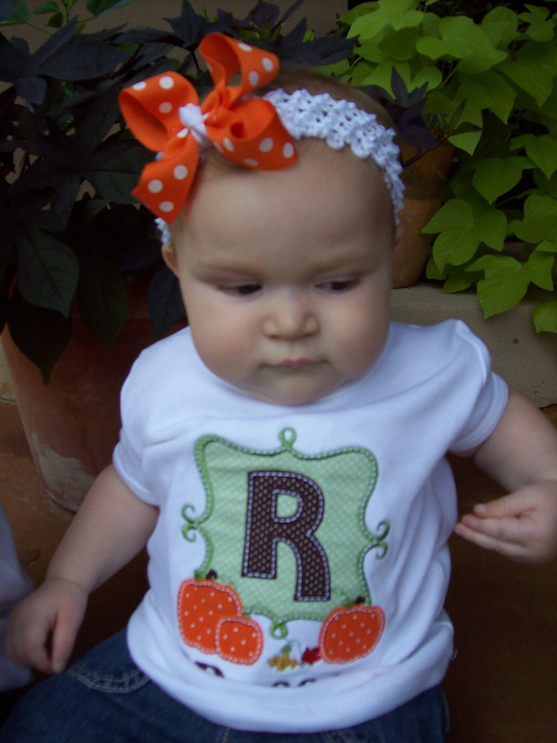 Girl's Pumpkin Frame Personalized Halloween or Thanksgiving Initial Appliqued Tee, Girls Pumpkin Tshirt, Girls Fall Pumpkin Tee