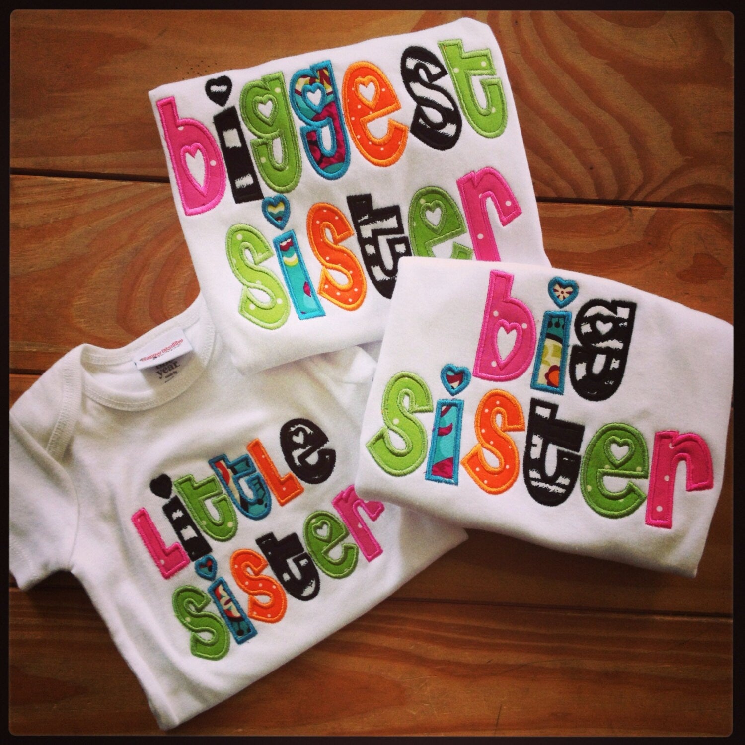 Set of 3 Appliqued Sister Shirts Little Sister Big Sister Biggest Sister