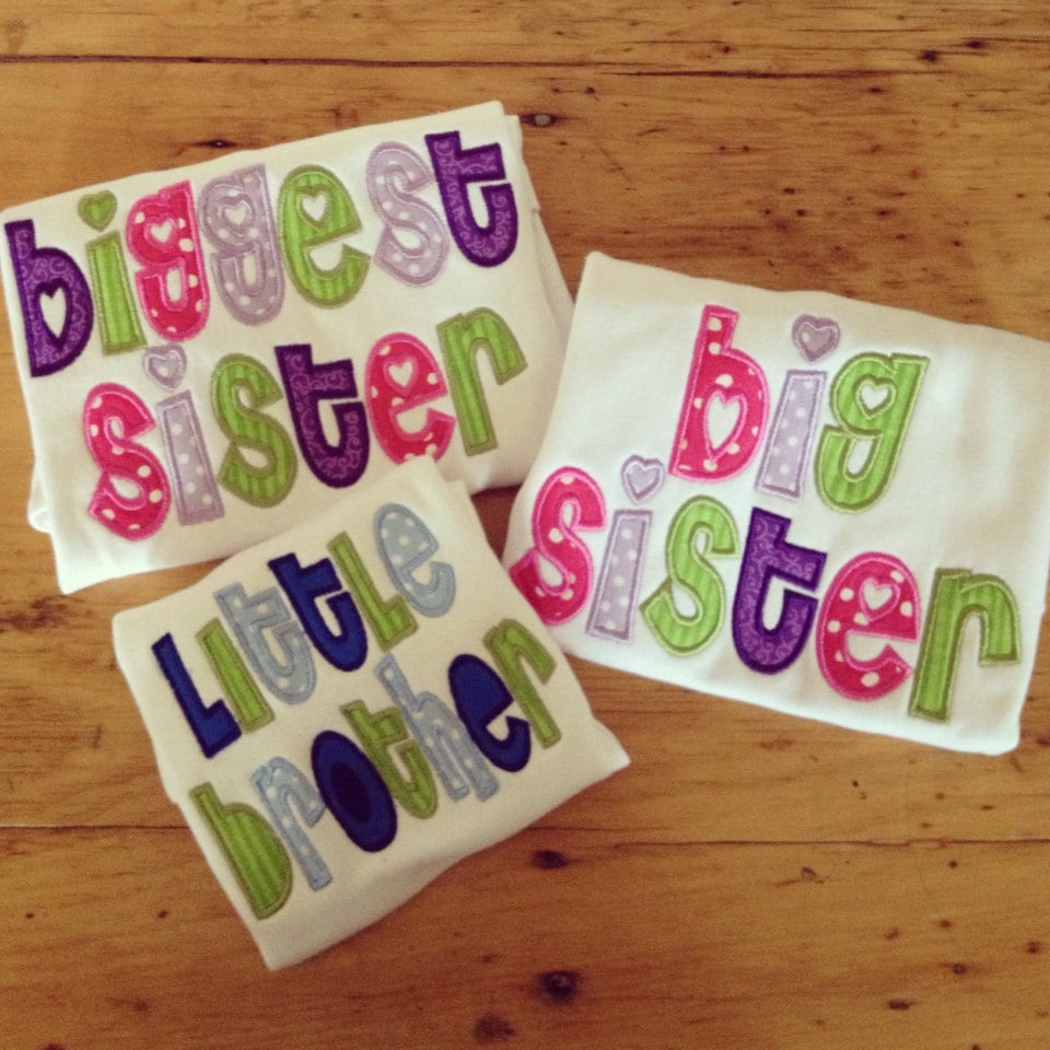Set of 3 Appliqued Sister Shirts Little Sister Big Sister Biggest Sister