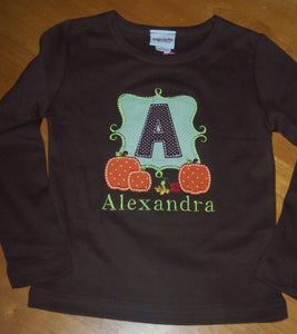 Girl's Pumpkin Frame Personalized Halloween or Thanksgiving Initial Appliqued Tee, Girls Pumpkin Tshirt, Girls Fall Pumpkin Tee