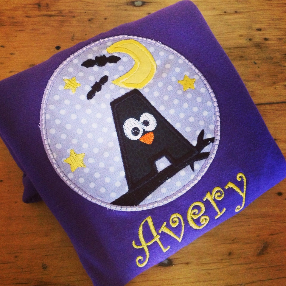 Personalized Halloween Owl Initial Appliqued Girl's Tee, Halloween Owl Tshirt