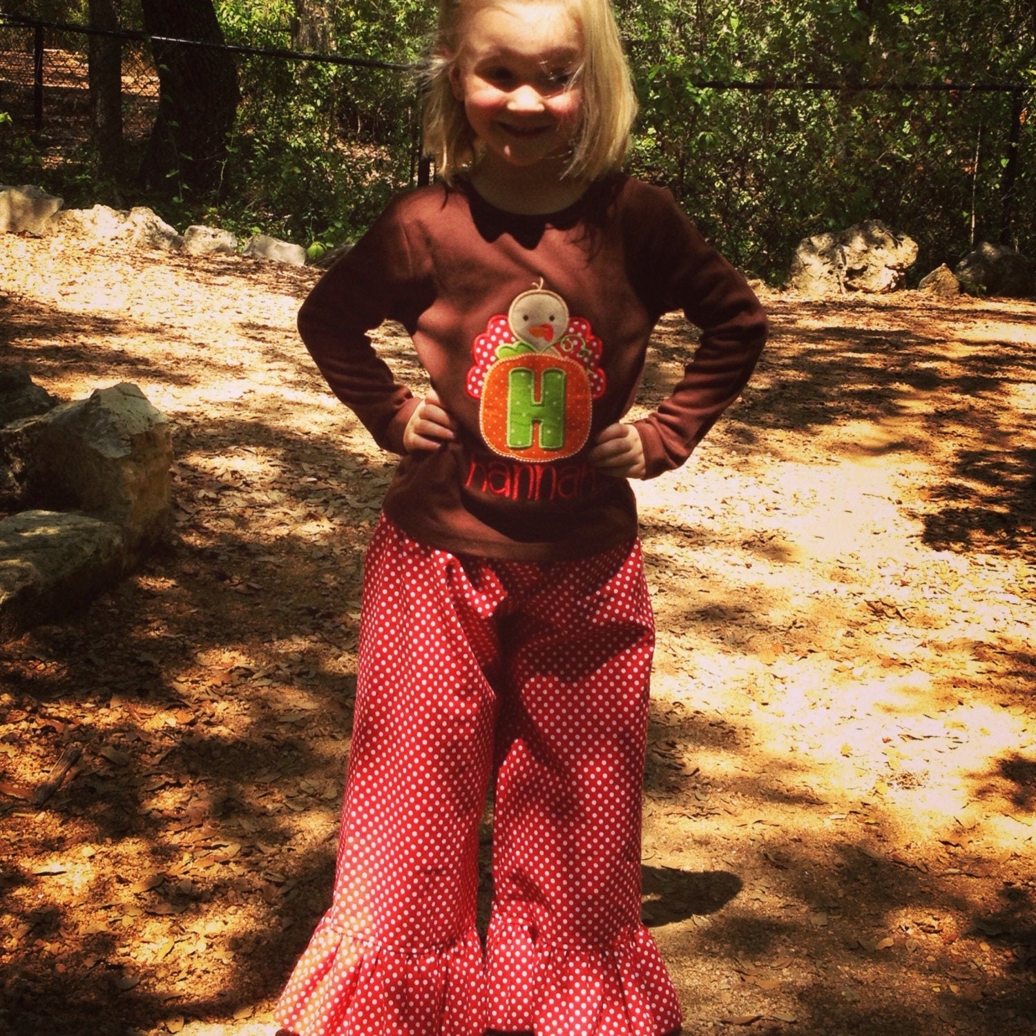 Thanksgiving Turkey Pumpkin Initial Personalized Long Sleeve Tee, Girls Thanksgiving Turkey Tshirt, Turkey Tshirt, Girls Turkey Tee