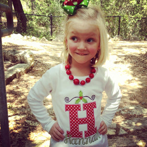 Yuletide Christmas Initial Personalized Appliquéd Tee, Girls Christmas Tshirt, Girls Christmas Holly Tshirt