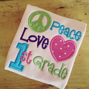 Peace Love Pre-K Kindergarten 1st Grade or 2nd Grade Appliqued Tee
