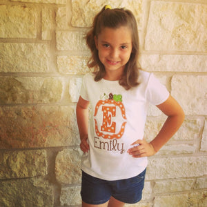 Pumpkin Frame Initial Personalized Halloween Appliqued Tee, Personalized Pumpkin Tshirt, Pumpkin Shirt, Girls Pumpkin Tee