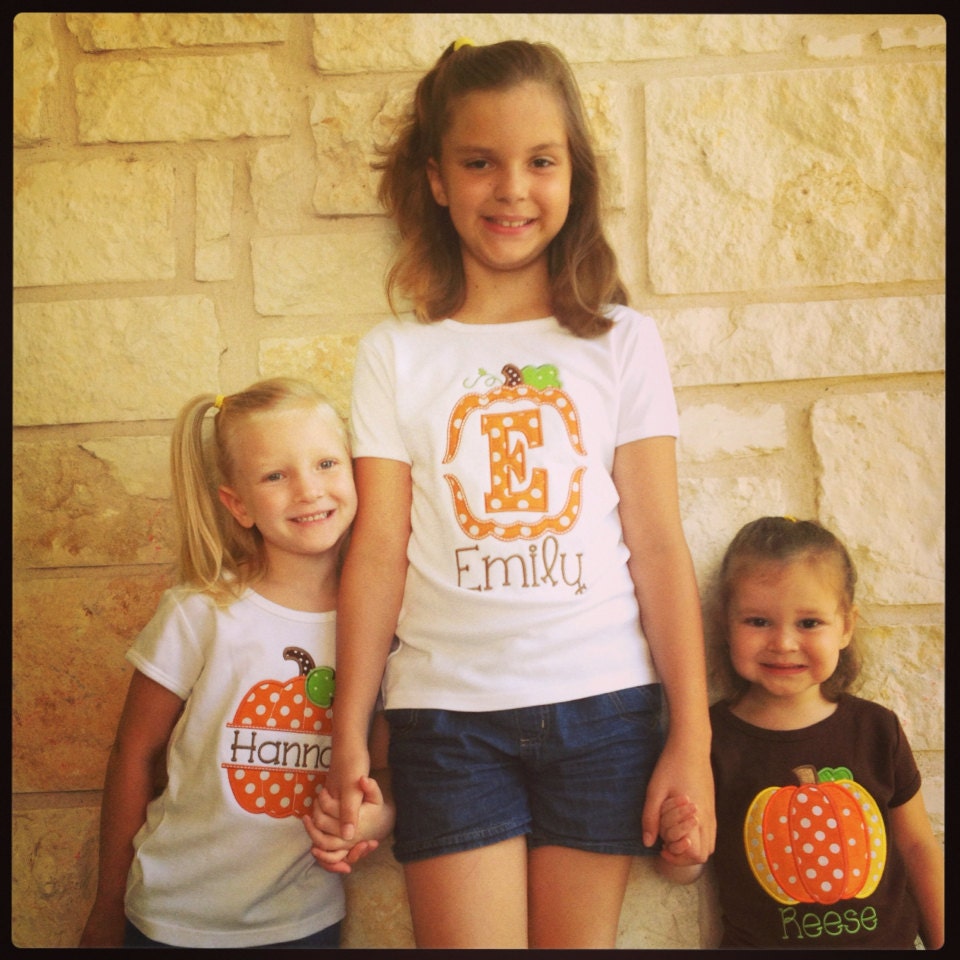 Pumpkin Frame Initial Personalized Halloween Appliqued Tee, Personalized Pumpkin Tshirt, Pumpkin Shirt, Girls Pumpkin Tee