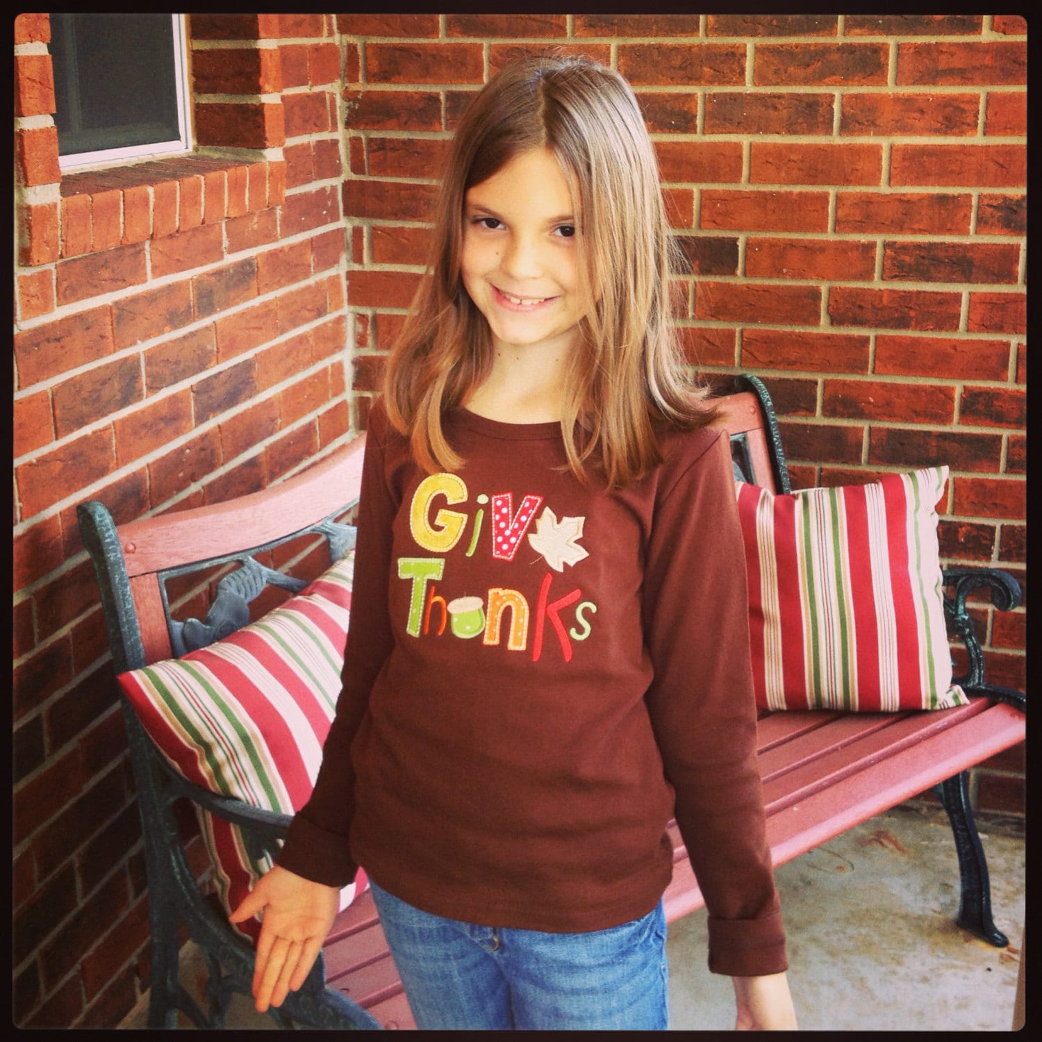Thanksgiving Give Thanks Appliqued Long Sleeve Tee