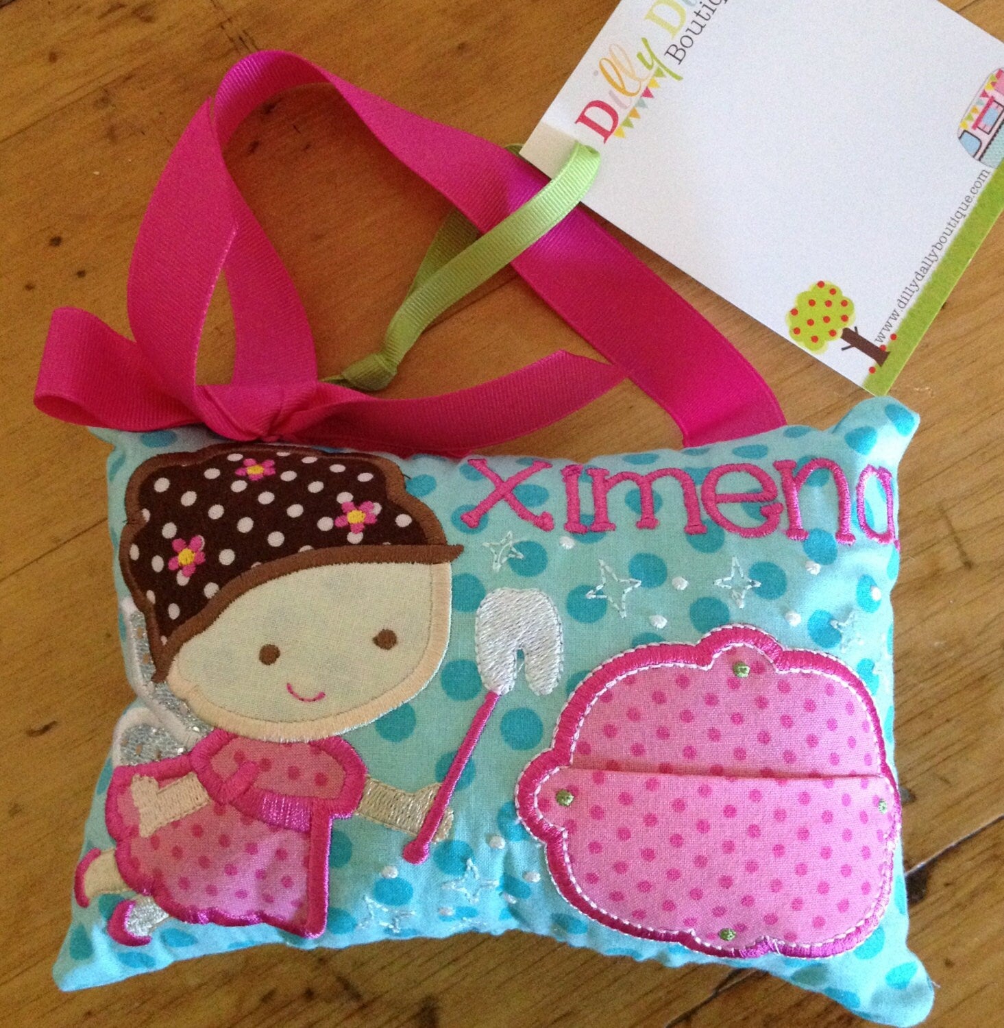 Girl's Tooth Fairy Pillow in Hot Pink and Aqua, door or bedpost hanger, ToothFairy Pillow, Tooth Pillow