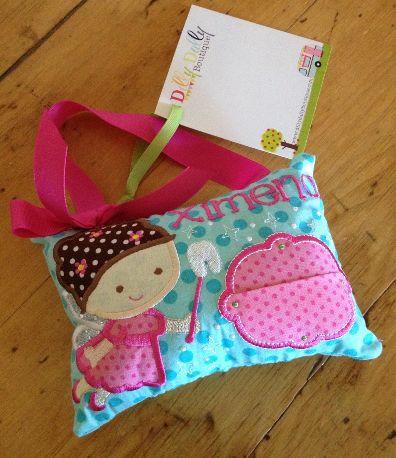 Girl's Tooth Fairy Pillow in Hot Pink and Aqua, door or bedpost hanger, ToothFairy Pillow, Tooth Pillow