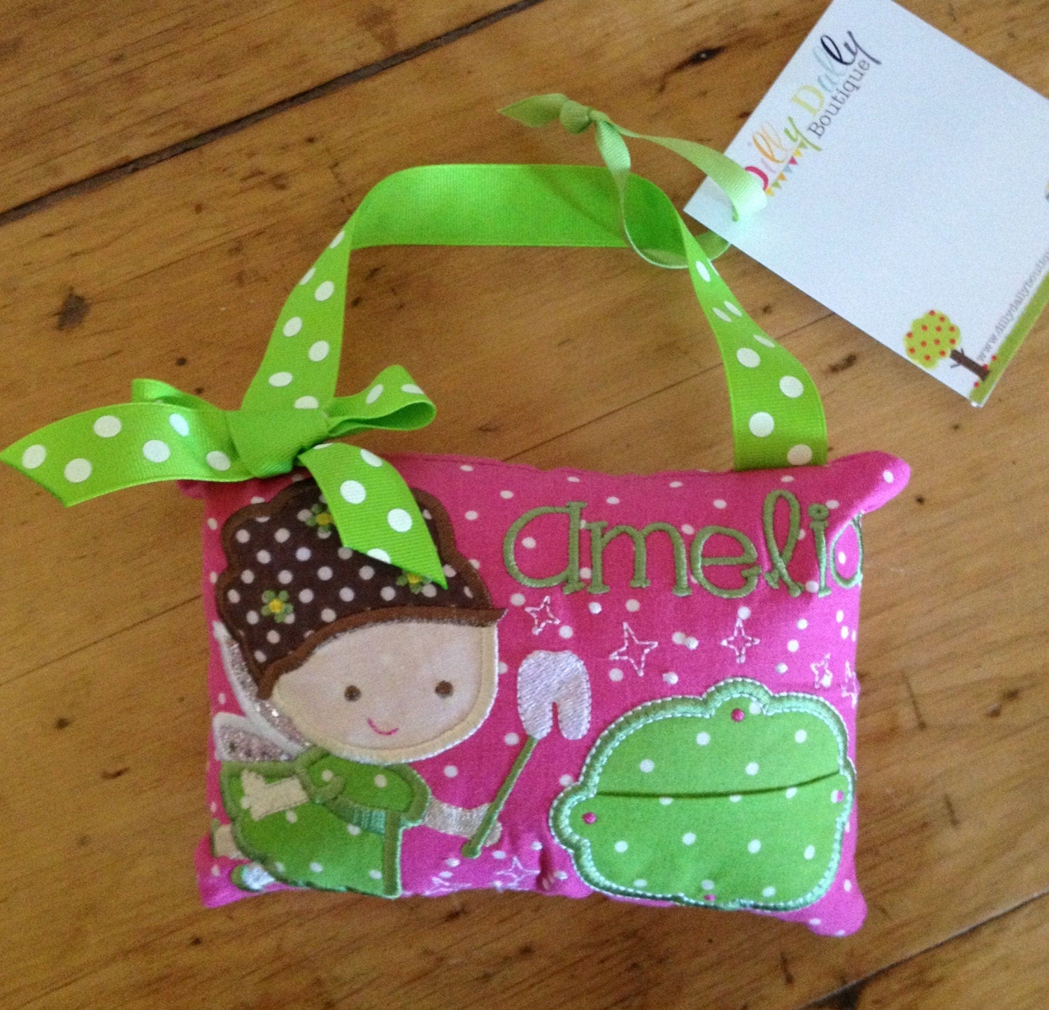 Girl's Tooth Fairy Pillow in Hot Pink and  Green, ToothFairy Pillow