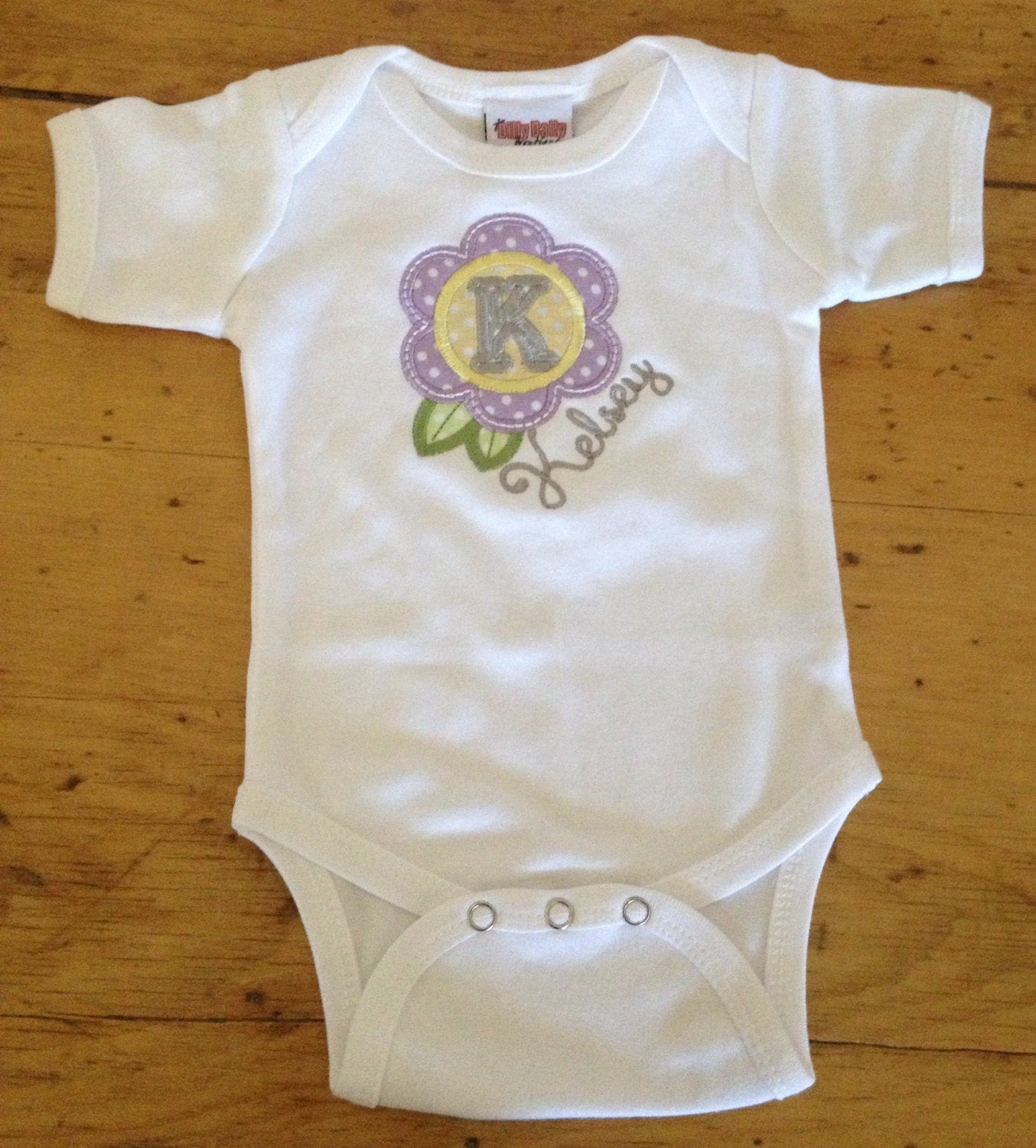 Baby Gift Set Spring Flower Initial Appliqued Bodysuit and Burp Cloth