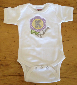 Baby Gift Set Spring Flower Initial Appliqued Bodysuit and Burp Cloth