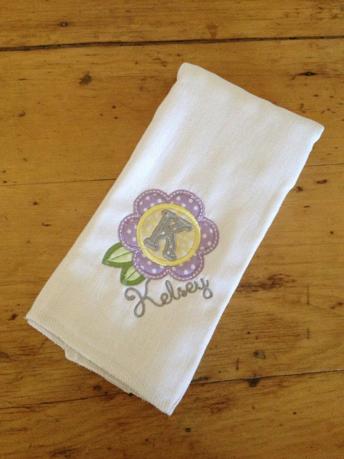 Baby Gift Set Spring Flower Initial Appliqued Bodysuit and Burp Cloth
