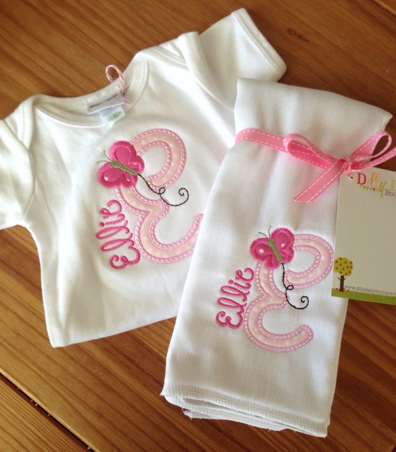 Baby Gift Set Butterfly Initial Appliqued Bodysuit and Burp Cloth
