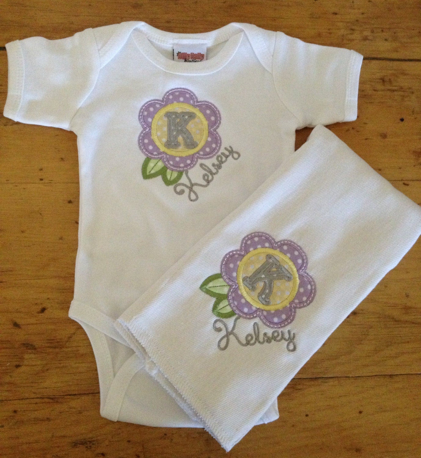 Baby Gift Set Spring Flower Initial Appliqued Bodysuit and Burp Cloth