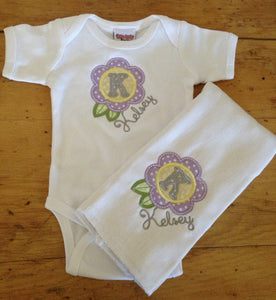 Baby Gift Set Spring Flower Initial Appliqued Bodysuit and Burp Cloth