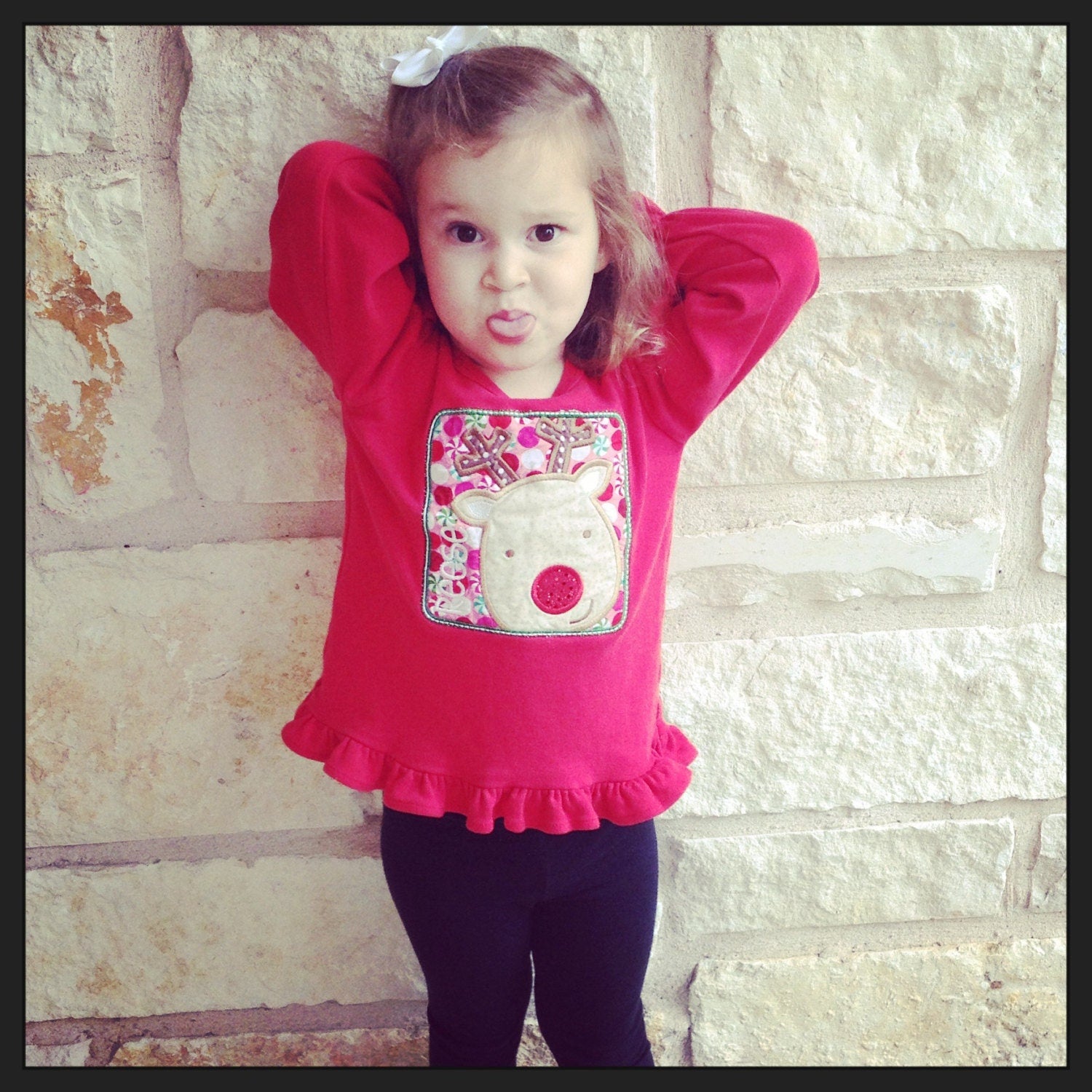 Reindeer Frame Personalized Christmas Appliqued Tee, Christmas Reindeer tshirt, girls christmas tshirt