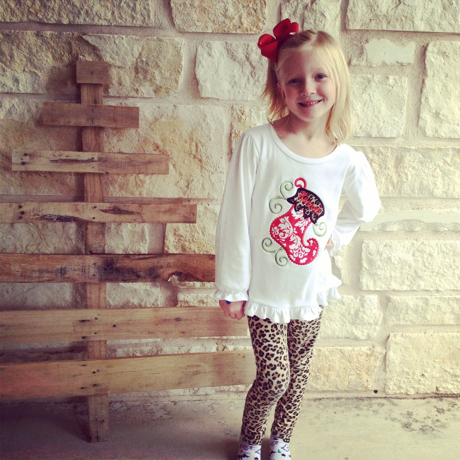 Funky Christmas Stocking Personalized Christmas Appliqued Tee, Girls Christmas Tshirt, Girls Christmas Stocking Tshirt