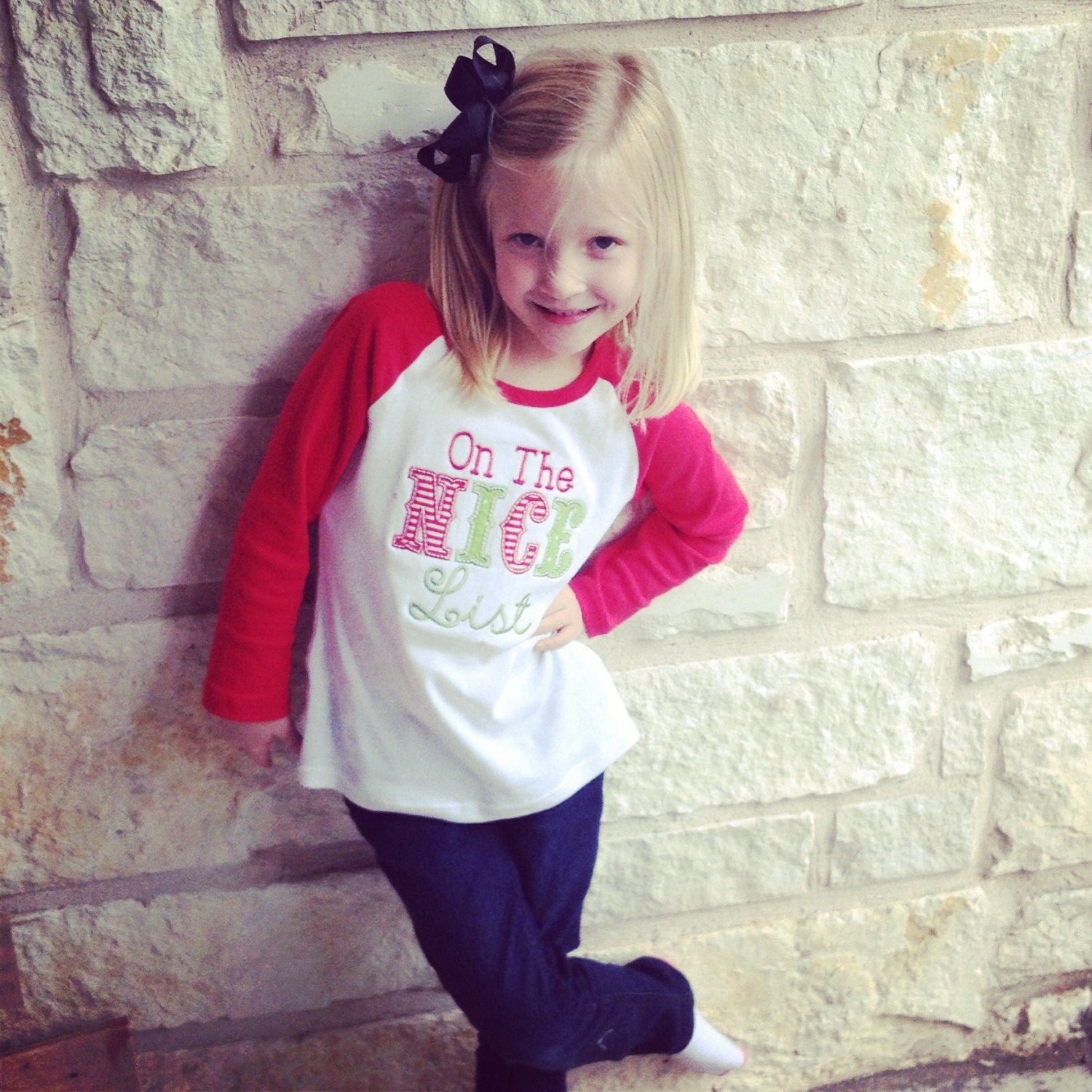 On the Nice List Christmas Appliqued Tee, Girls Christmas Tshirt, Girls Christmas Raglan Tee