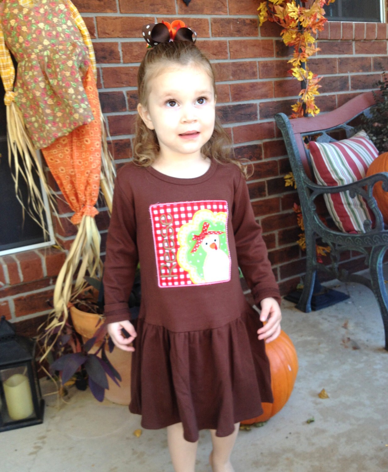 Turkey Frame Personalized Appliquéd Knit Dress, Girls Thanksgiving Dress, Girls Turkey Dress